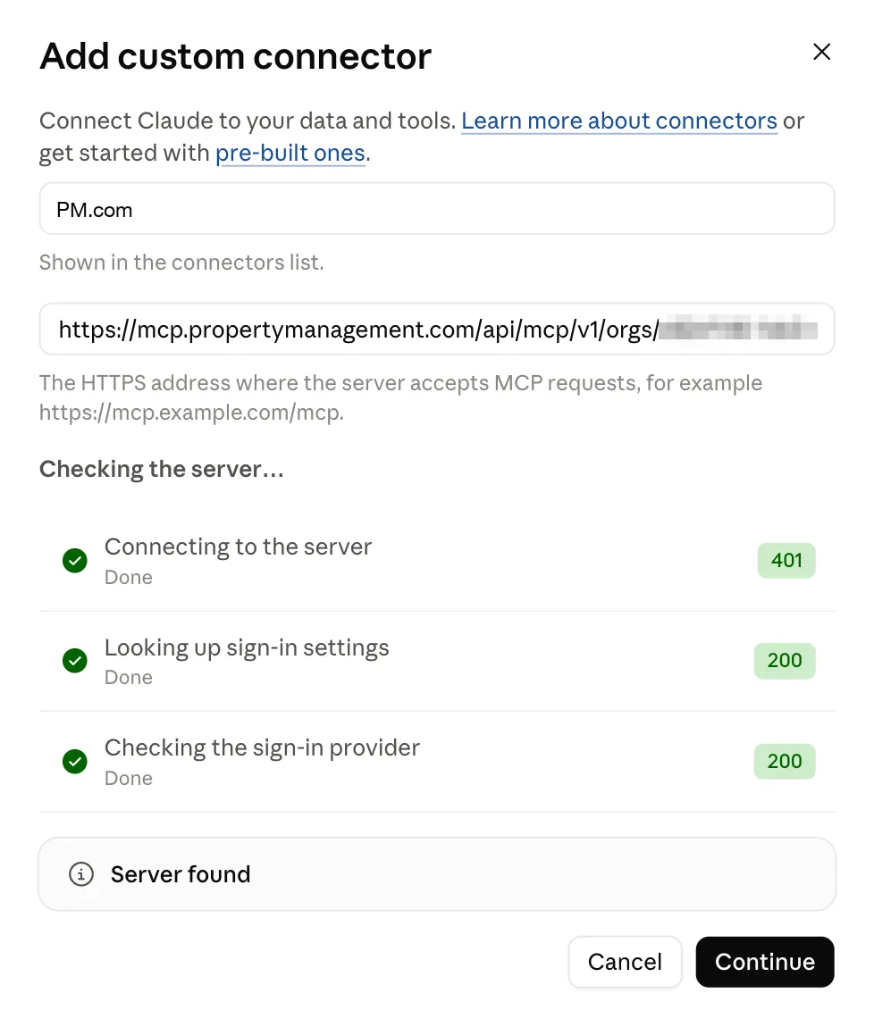 Claude checking the server: Connecting to the server, Looking up sign-in settings and Checking the sign-in provider all done, with Server found
