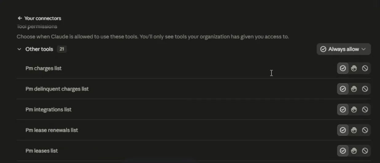 Tool permissions for the PM.com connector with the group set to Always allow