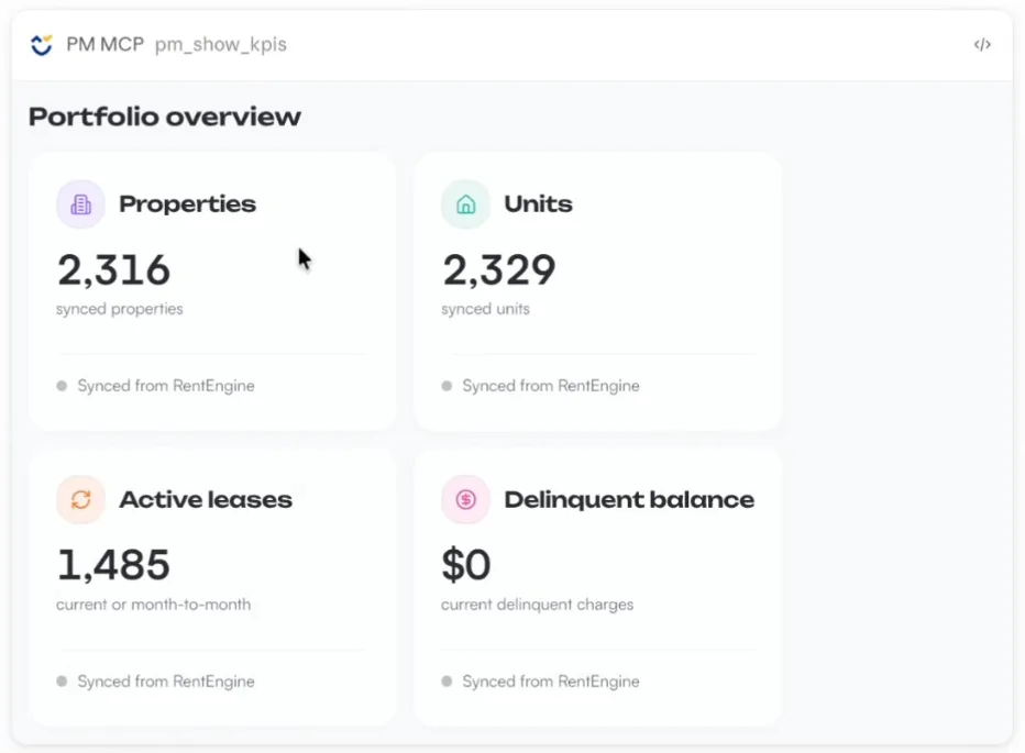 A Portfolio overview card set in Claude showing properties, units, active leases and delinquent balance from synced data