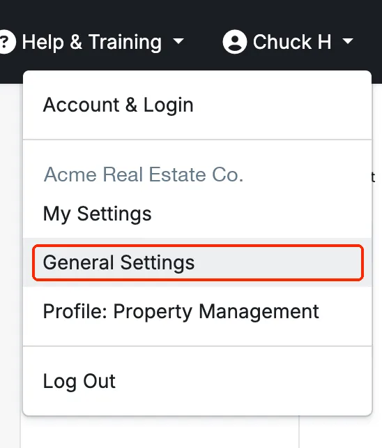 AppFolio account menu with General Settings highlighted
