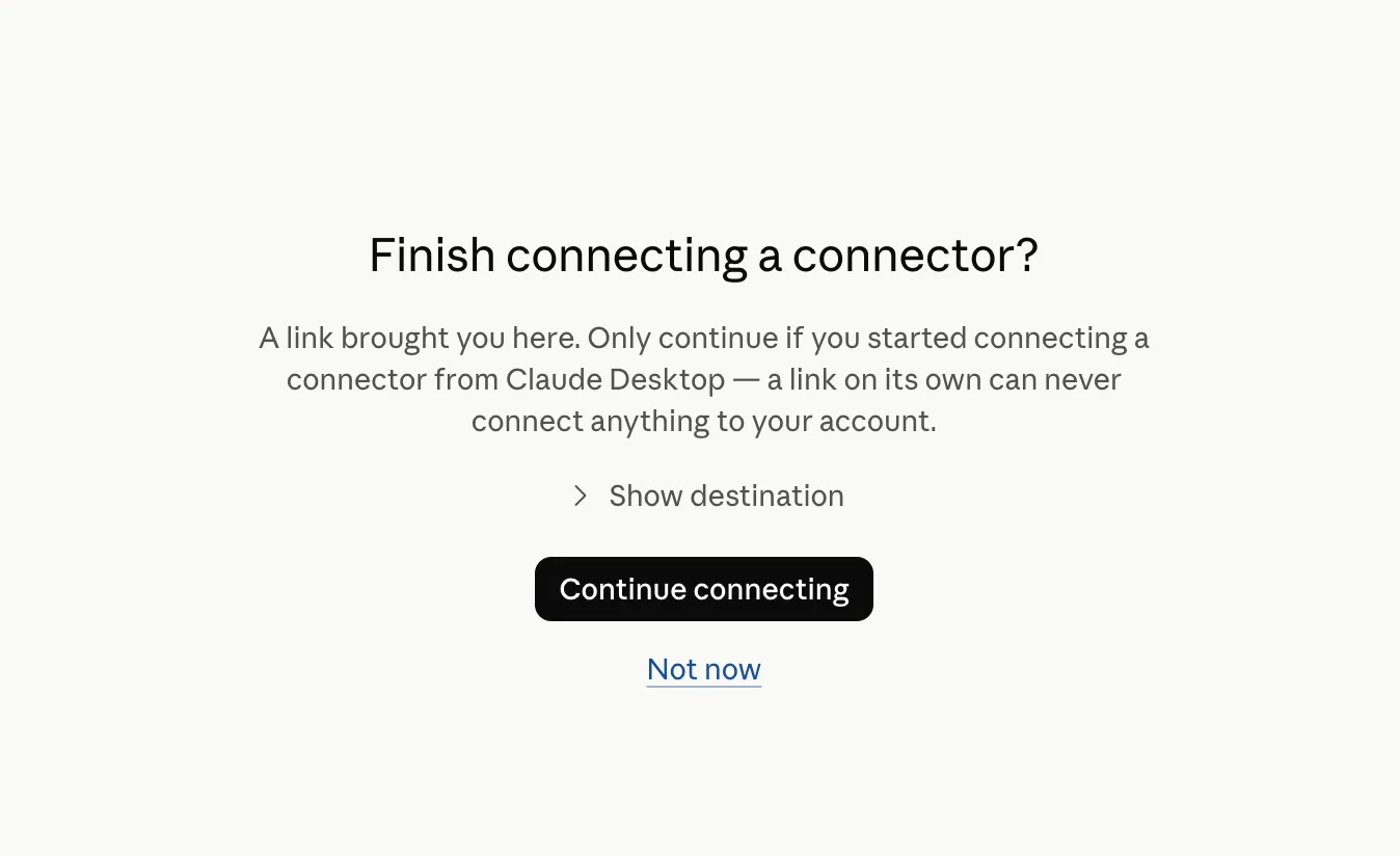 Claude's Finish connecting a connector page with the Continue connecting button