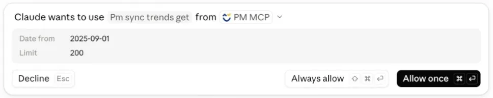 Claude asking to use a PM.com tool, with Decline, Always allow and Allow once buttons