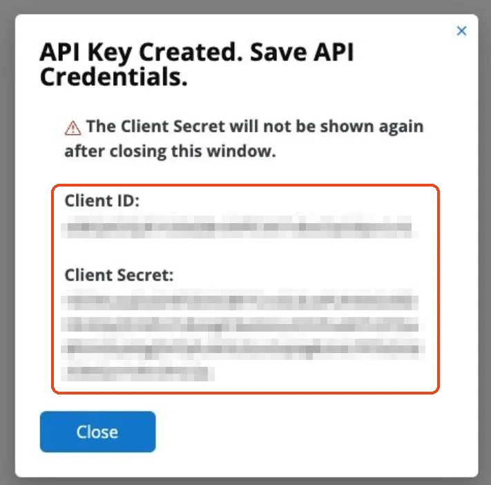 Property Meld API Key Created window with the Client ID and Client Secret boxed
