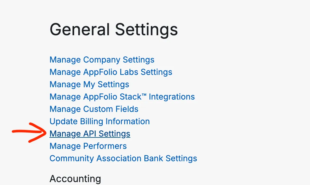 AppFolio General Settings page with Manage API Settings marked