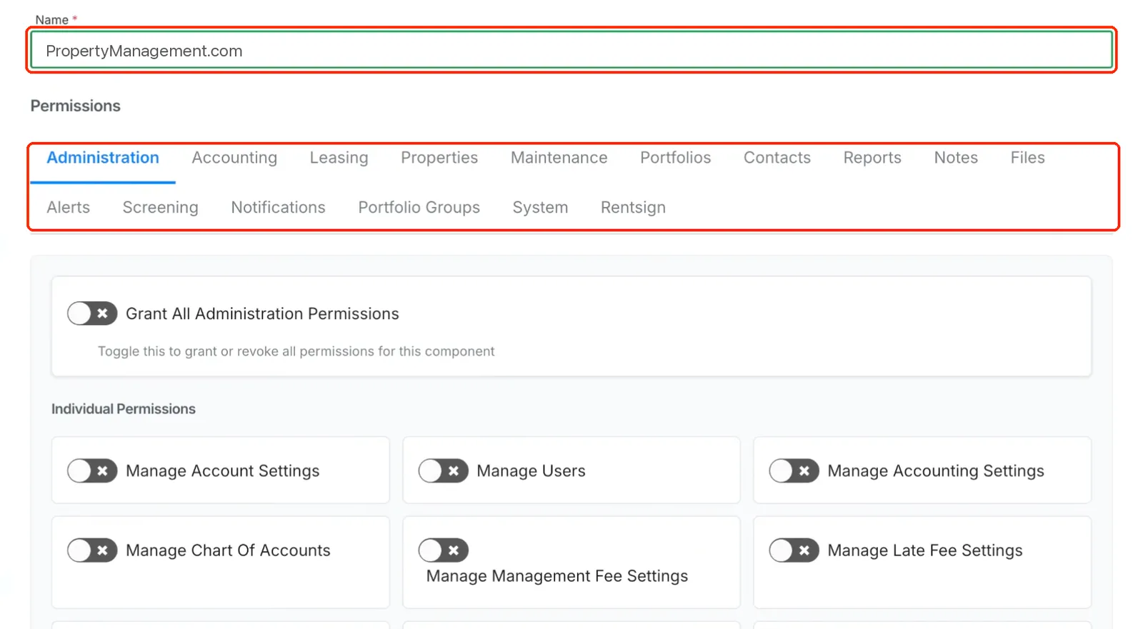 Rentvine New Role window with PropertyManagement.com in the Name field and the permission tabs marked, every toggle off