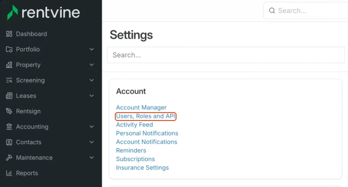 Rentvine Settings page with Users, Roles and API marked under Account
